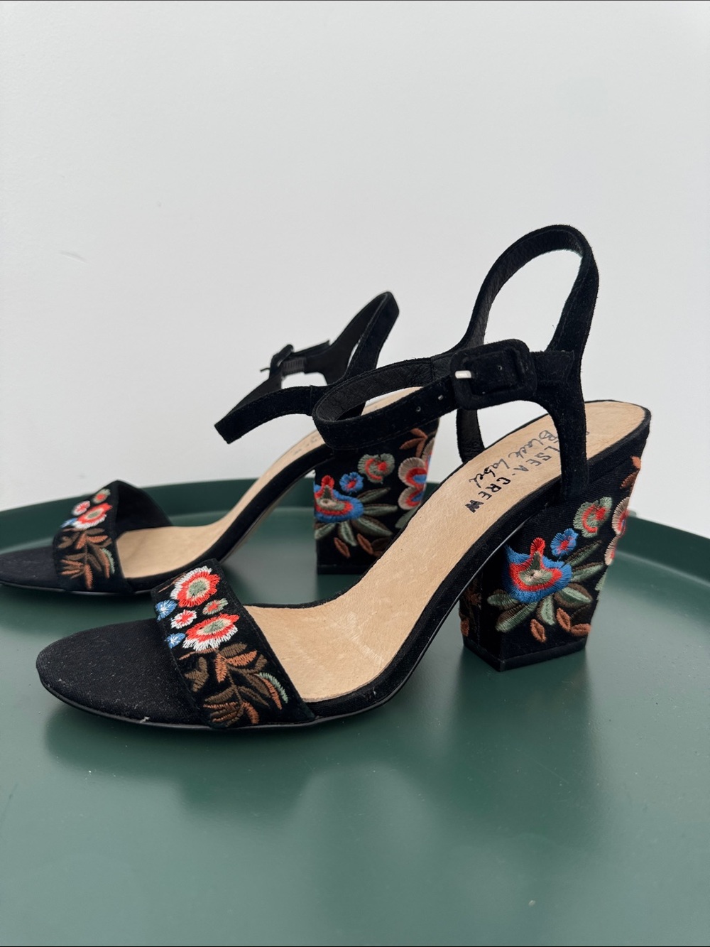 chelsea crew Black Velvet Embroidered Block Heel Sandals